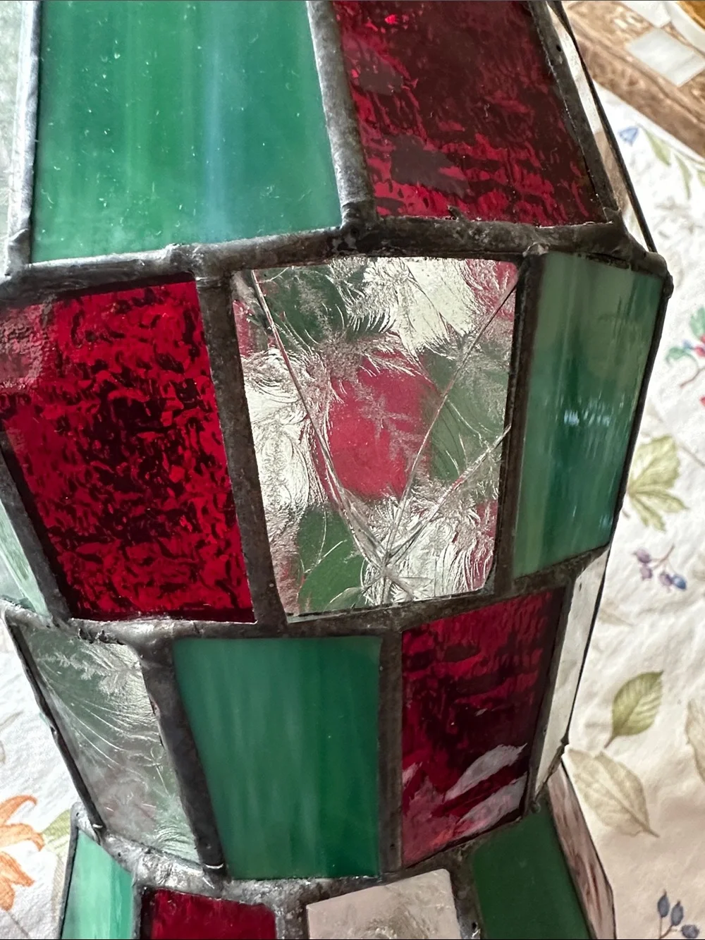 Green & Red Stained Glass Mosaic hurricane Glass- Home Accents